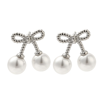 304 Stainless Steel Shell Pearl Bowknot Stud Earrings for Women, Stainless Steel Color, 13x15mm