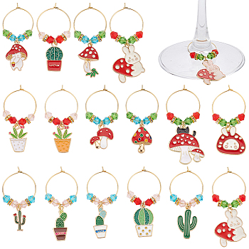 16Pcs 16 Styles Mushroom & Cactus Potted Alloy Enamel Wine Glass Charms, with Glass Beads and 316 Surgical Stainless Steel Hoop Earrings, Mixed Color, 42~60mm, 1pc/style