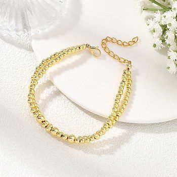 Rack Plating Brass Beaded Double Layers Bracelets for Women, Round, Real 18K Gold Plated, 7.48 inch(19cm)