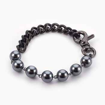 Men's Non-Magnetic Synthetic Hematite Beads Bracelets, with Zinc Alloy Swivel Snap Hook and 304 Stainless Steel Curb Chains, 8-1/8 inch(20.6cm)