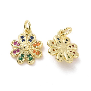 Brass Micro Pave Colorful Cubic Zirconia Charms, with Jump Ring, Flower, Real 18K Gold Plated, 15x12x4mm, Hole: 3.2mm