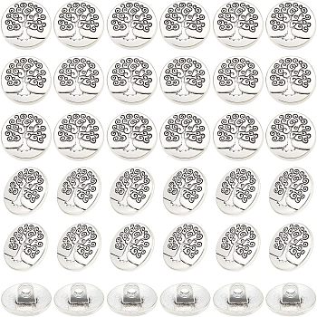 60Pcs Zinc Metal Alloy Shank Buttons, Flat Round with Tree of Life, Antique Silver, 14.5x7mm, Hole: 2.5mm
