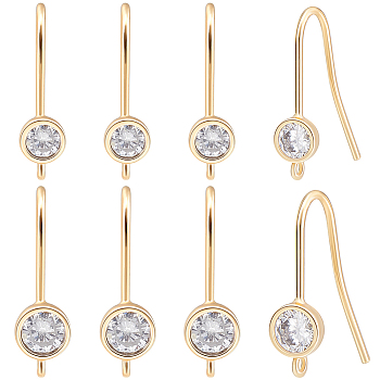 16Pcs 2 Size Brass Micro Clear Cubic Zirconia Earring Hooks, with Horizontal Loops, Real 18K Gold Plated, 13~16x5mm, Hole: 1mm, Pin: 0.6~0.7mm, 8Pcs/size
