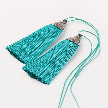 Nylon Tassels Big Pendant Decorations, with CCB Plastic, Antique Silver, Turquoise, 85x20x10.5mm