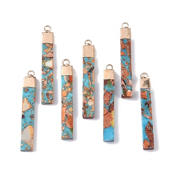 Dyed Synthetic Imperial Jasper Pendants, Rectangle Charms with Golden Tone Brass Findings, Chocolate, 46x7x4mm, Hole: 2.5mm