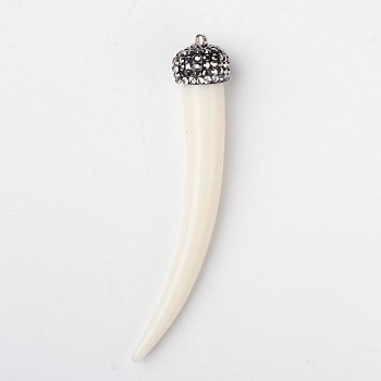 Imitation Bone Resin Big Pendants, Tusk Shape, with Polymer Clay Rhinestone and Platinum Tone Brass Findings, Creamy White, 63.5x11x11mm, Hole: 0.7mm