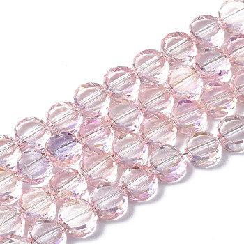 Electroplate Transparent Glass Beads Strands, AB Color Plated, Faceted, Flat Round, Pink, 6x6x3mm, Hole: 1.2mm, about 95~99pcs/strand, 21.10~21.89 inch(53.6cm~55.6cm)