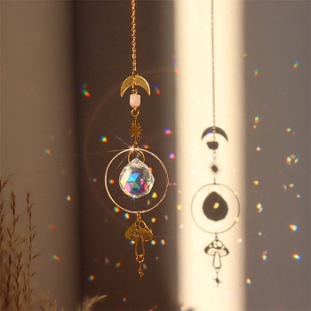 Natural Rose Quartz Brass Moon & Star Hanging Ornaments, Teardrop Glass Tassel Suncatchers for Home Outdoor Decoration, Mushroom, 380mm