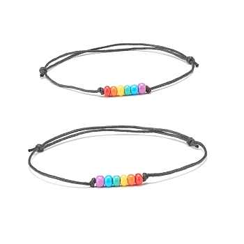 2Pcs Glass Seed Braided Cord Bracelets Set, Adjustable Friendship Bracelets for Women, Colorful, Inner Diameter: 2-1/2~3-3/4 inch(6.5~9.5cm)