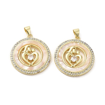 Rack Plating Brass Micro Pave Clear Cubic Zirconia Pendants, with Shell, Long-Lasting Plated, Cadmium Free & Lead Free, Flat Round with Heart, Real 18K Gold Plated, 28x25x5mm, Hole: 3.4x4.4mm