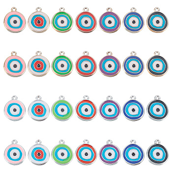 PandaHall Elite 84Pcs 14 Colors CCB Plastic Enamel Pendants, Flat Round with Evil Eye, Mixed Color, 17.5~18x15x2.5mm, Hole: 1.5mm, 6pcs/color