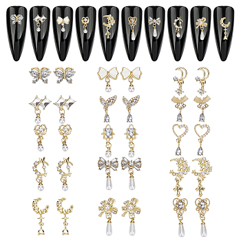 30Pcs 15 Styles Golden Brass Micro Pave Rhinestone Cabochons, with ABS Imitation Pearl Beads, Nail Art Decorations, Mixed Shapes, 10.5~25.5x7.5~13.5x3~4mm, 2pcs/style