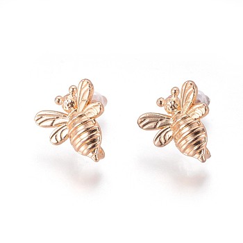 Brass Stud Earring Findings, with Plastic Ear Nuts and Loop, Long-Lasting Plated, Bee, Light Gold, 15x14x2mm, Hole: 1.5mm, Pin: 0.7mm