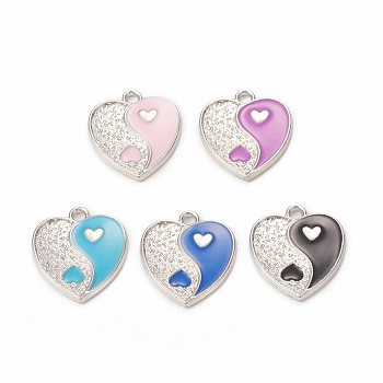 Alloy Enamel Pendants, Heart with Yin Yang Charm, Platinum, Mixed Color, 17x15x1.6mm, Hole: 1.8mm