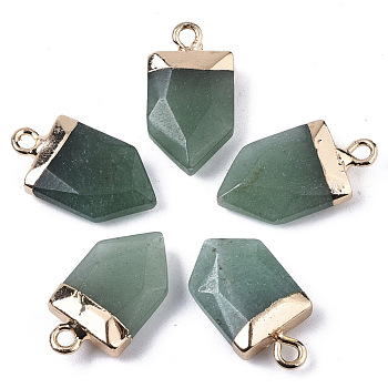 Natural Green Aventurine Pointed Pendants, with Light Gold Plated Top and Brass Loop, Arrow, Faceted, 19x10.5x4.5mm, Hole: 1.8mm
