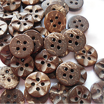 Carved Round 4-hole Sewing Button, Coconut Button, Coconut Brown, 11mm in diameter