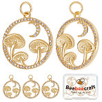 6Pcs Autumn Theme Brass Micro Pave Clear Cubic Zirconia Pendants, with Jump Rings, Long-Lasting Plated, Flat Round with Mushroom Charm, Real 18K Gold Plated, 21x19x3mm, Hole: 3.5mm(KK-BBC0005-83)