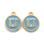 Golden Plated Alloy Enamel Charms, Cadmium Free & Lead Free, Enamelled Sequins, Flat Round, Sky Blue, Letter.U, 14x12x2mm, Hole: 1.5mm(ENAM-S118-04U)