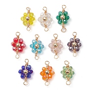 10Pcs 10 Colors Electroplated Faceted Glass Copper Wire Wrapped Connector Charms, Flower Links with Golden Plated Brass Beads, Mixed Color, 21x11~12x4.5~5mm, Hole: 2~2.5mm, 1pc/style(PALLOY-JF02594-02)