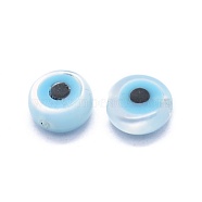 Natural White Shell Beads, Mother of Pearl Shell Beads, with Synthetic Turquoise, Flat Round with Evil Eye, White, 5x1.5~2mm, Hole: 0.7mm(SSHEL-I022-04B)