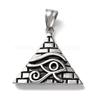 Ion Plating(IP) 304 Stainless Steel Pendants, Pyramid with Eye of Horus Charm, Antique Silver, 34x34x8mm, Hole: 4.5x9.5mm(STAS-D067-10AS)
