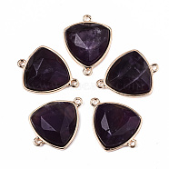 Natural Amethyst Links Connectors, with Golden Tone Brass Edge, Triangle, 24x18x6.5mm, Hole: 1.5mm(G-T131-18C)