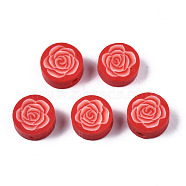 Handmade Polymer Clay Beads, for DIY Jewelry Crafts Supplies, Flat Round with Flower, Red, 9.5x3.5~5mm, Hole: 1.8mm(CLAY-N008-022E)