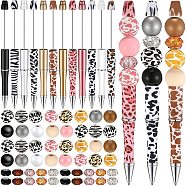 Leopard Print Pattern Plastic Ball-Point Pen, Beadable Pen, for DIY Personalized Pen with Wood Round & Rhinestones Beads, Pearl Pink, 130x190x25mm, round: 32pcs(PW-WG18950-04)