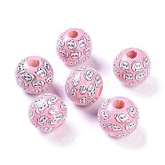 Printed Wood Beads, Round Beads, Pink, 16x15mm, Hole: 4.3mm(WOOD-C017-01E)