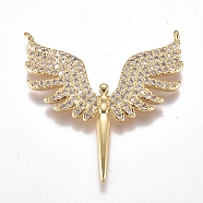 Brass Micro Pave Cubic Zirconia Pendants, Long-Lasting Plated, Angel, Real 18K Gold Plated, Clear, 30x31x3mm, Hole: 0.8mm(ZIRC-G168-52G-03)