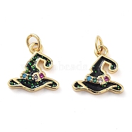 Rack Plating Brass Micro Pave Colorful Grade AAA Cubic Zirconia Pendants, with Enamel and Jump Ring, Long-Lasting Plated, Cadmium Free & Lead Free, Witch Hat Charms, Real 18K Gold Plated, 11x11.5x2.5mm, Hole: 2mm(KK-M280-07G)