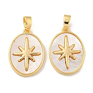 Natural White Shell Pendants, Rack Plating Brass Oval with Star Charms, Real 18K Gold Plated, 19.5x14x2mm, Hole: 2.5x5mm(KK-A214-24G)