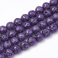 Electroplated Natural Lava Rock Beads Strands, Round, Bumpy, Purple, 10~10.5mm, Hole: 1.2mm, about 37~40pcs/strand, 14.9~15.1 inch(38~38.5cm)(G-T098-01B-03)