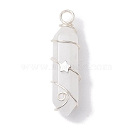Natural Quartz Crystal Double Terminal Pointed Pendants, Rock Crystal Faceted Bullet Charms with Star Copper Wire Wrapped, Silver, 36~37x10~10.5x11mm, Hole: 3.5mm(PALLOY-JF02673-05)