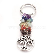 Natural Gemstone Keychain, with Brass Findings, Flat Round with Tree, 88mm, Pendant: 28.5x25x2mm(X-KEYC-JKC00163-02)