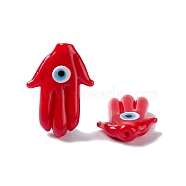 Handmade Evil Eye Lampwork Beads, Half Drilled, Hamsa Hand/Hand of Miriam, Red, 27~27.5x19.5~21x6.5mm, Hole: 1mm(LAMP-F025-04D)