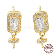 925 Sterling Silver with Clear Cubic Zirconia Stud Earring Findings, for Half Drilled Pearl Beads, with S925 Stamp, Rectangle, Real 18K Gold Plated, 14.5x5.5mm, Pin: 0.7mm(STER-G036-15G)