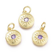 Brass Micro Pave Cubic Zirconia Pendants, with Jump Ring, Flat Round with Eye, Real 18K Gold Plated, Lilac, 12x10x2mm, Jump Rings: 5x0.8mm, Inner Diameter: 3mm(KK-P187-17F-G)