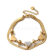 Titanium Steel Crystal Rhinestone Heart Multi-strand Bracelets for Women, Real 18K Gold Plated, 6-5/8 inch(16.7cm)(BJEW-G719-09G)