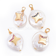 Natural Cultured Freshwater Pearl Pendants, with Brass Cubic Zirconia Findings, Nuggets with Star, Golden, Mixed Color, 17~26x11~16x5~11mm, Hole: 1.6~2mm(PEAR-E013-29)