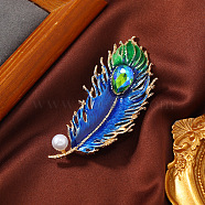 Ethnic Style Peacock Feather Enamel Pins, Light Gold Alloy Rhinestone Brooch with Imitation Pearl for Women's Sweaters Coats, Blue, 74x32mm(PW-WG72421-02)