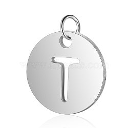 304 Stainless Steel Charms, Flat Round with Letter, Stainless Steel Color, Letter.T, 12x1mm, Hole: 2.5mm(A-STAS-S105-T514S-T)