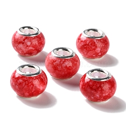 Brass Cores Acrylic European Beads, Round, Large Hole Bead, Silver, Red, 14x10mm, Hole: 5mm(OACR-M024-06S-03)