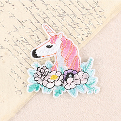 Computerized Embroidery Unicorn Iron on Cloth Patches, Chenille Appliques, Costume Accessories, Sewing Craft Decoration, Pink, 75x71mm(UNIC-PW0001-106)