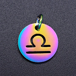 Rainbow Color Ion Plating(IP) 201 Stainless Steel Charms, with Jump Rings, Flat Round with Constellation/Zodiac Sign, Libra, 12x1mm, Jump Ring: 5x0.8mm, Inner Diameter: 3mm(STAS-Q201-JN166-7)