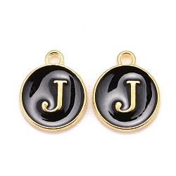 Golden Plated Alloy Charms, Cadmium Free & Lead Free, with Enamel, Enamelled Sequins, Flat Round with Letter, Black, Letter.J, 14x12x2mm, Hole: 1.5mm(X-ENAM-S118-02J)