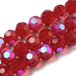 Electroplate Transparent Glass Beads Strands, Faceted, Round, Rainbow Plated, Red, 10mm, Hole: 1.2mm, about 65~69pcs/strand, 23.03~24.49 inch(58.5~62.2cm)(EGLA-A035-T10mm-L01)