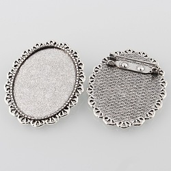 Vintage Alloy Brooch Cabochon Bezel Settings, Cadmium Free & Lead Free, with Iron Pin Back Bar Findings, Antique Silver, Oval Tray: 40x30mm, 48.5x38x2mm, Pin: 0.8mm(PALLOY-O038-41AS)