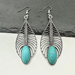 Synthetic Turquoise Dangle Earrings, Hollow Leaf Alloy Long Drop Earrings, Turquoise, 80x26mm(RG8446-3)