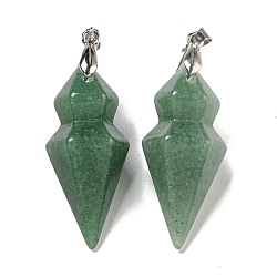 Natural Green Aventurine Pointed Pendants, Faceted Bullet Shaped Charms with Rack Plating Brass Snap on Bails, Platinum, Cadmium Free & Lead Free, 43x14mm, Hole: 4x5mm(G-F766-08AS-02)